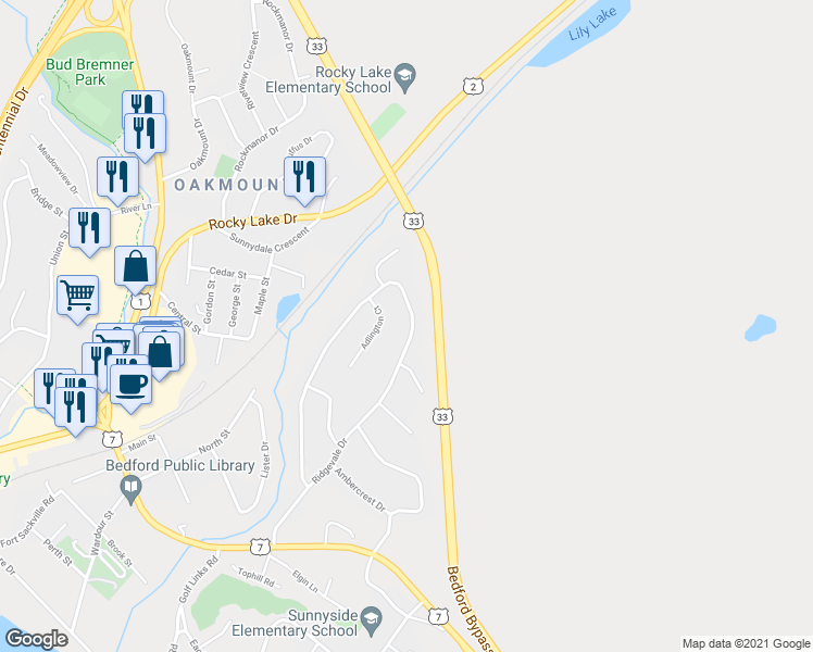 map of restaurants, bars, coffee shops, grocery stores, and more near 190 Ridgevale Drive in Bedford