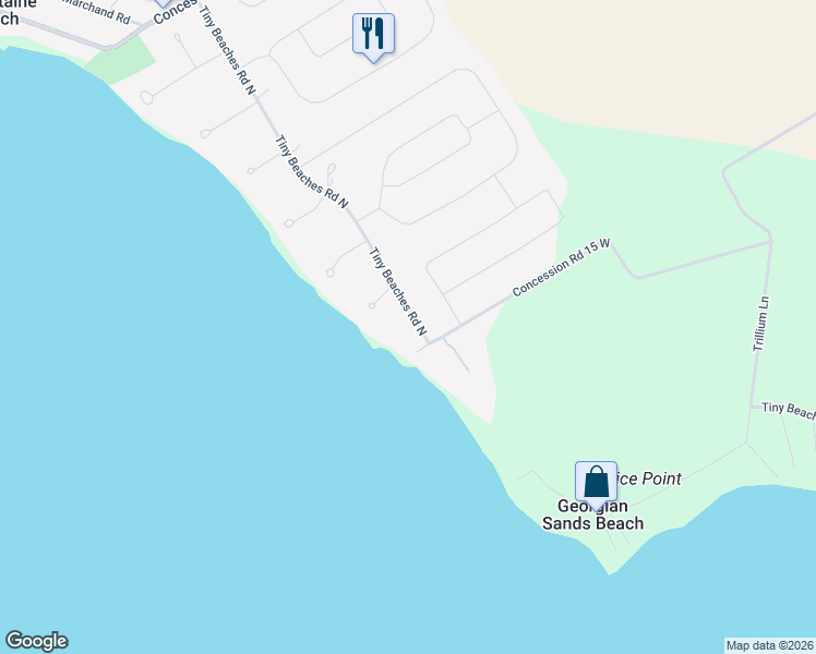 map of restaurants, bars, coffee shops, grocery stores, and more near 1166 Tiny Beaches Road North in Simcoe County