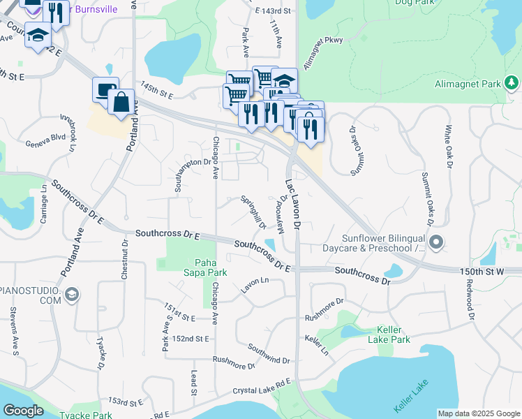map of restaurants, bars, coffee shops, grocery stores, and more near 14801 Autumn Place in Burnsville