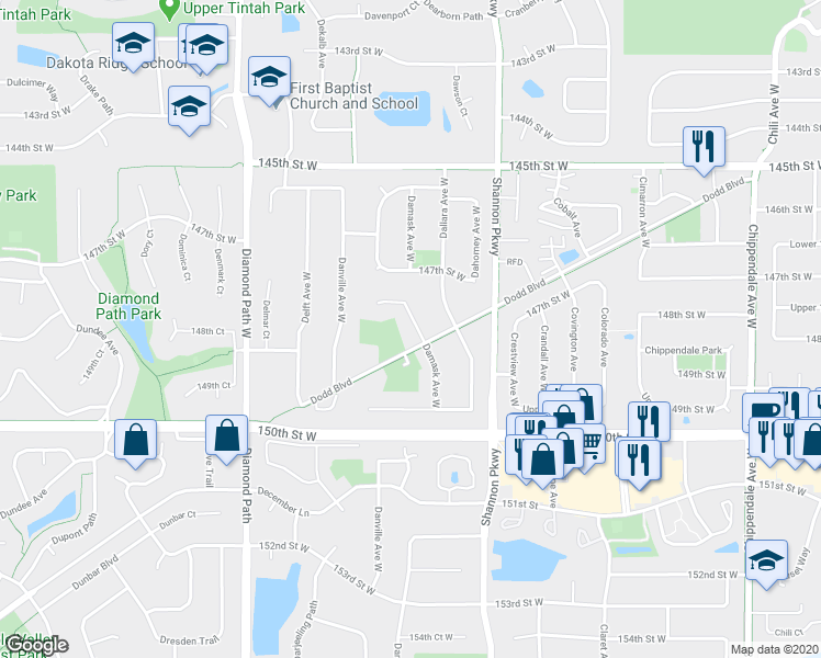 map of restaurants, bars, coffee shops, grocery stores, and more near 14815 Damask Court West in Rosemount