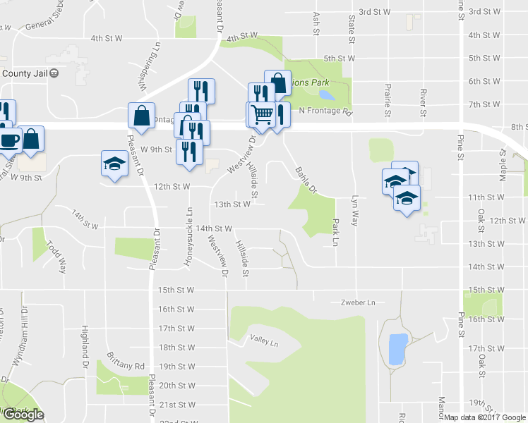 map of restaurants, bars, coffee shops, grocery stores, and more near 1237 13th Street West in Hastings