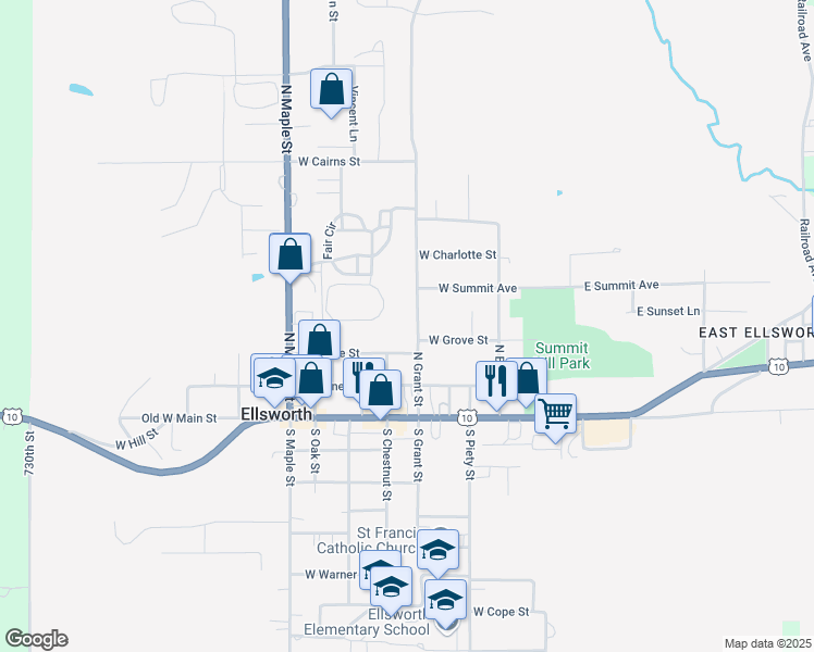 map of restaurants, bars, coffee shops, grocery stores, and more near 237 North Grant Street in Ellsworth