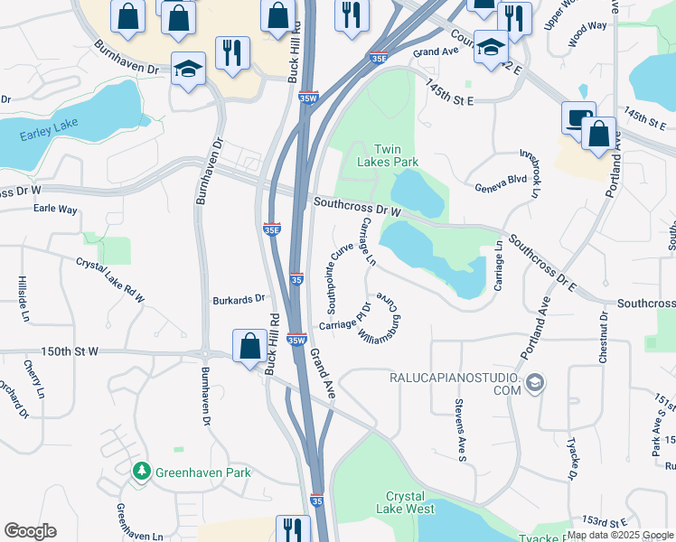 map of restaurants, bars, coffee shops, grocery stores, and more near 14724 Southpointe Curve in Burnsville