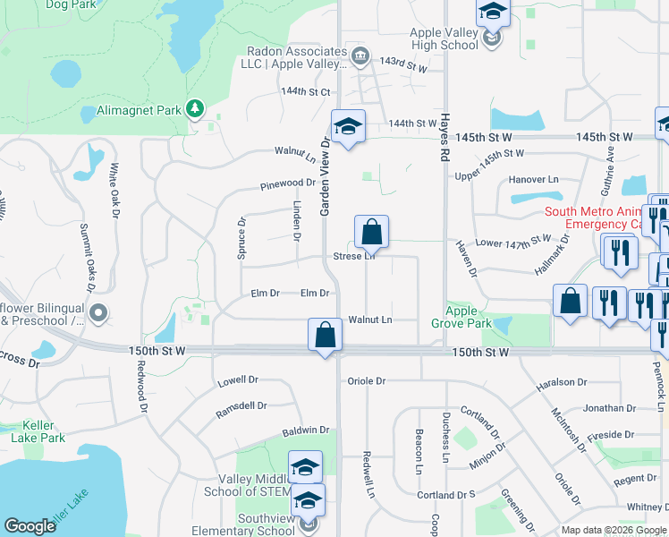 map of restaurants, bars, coffee shops, grocery stores, and more near 149 Garden View Drive in Apple Valley