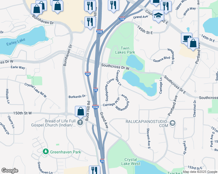 map of restaurants, bars, coffee shops, grocery stores, and more near 14724 Southpointe Curve in Burnsville