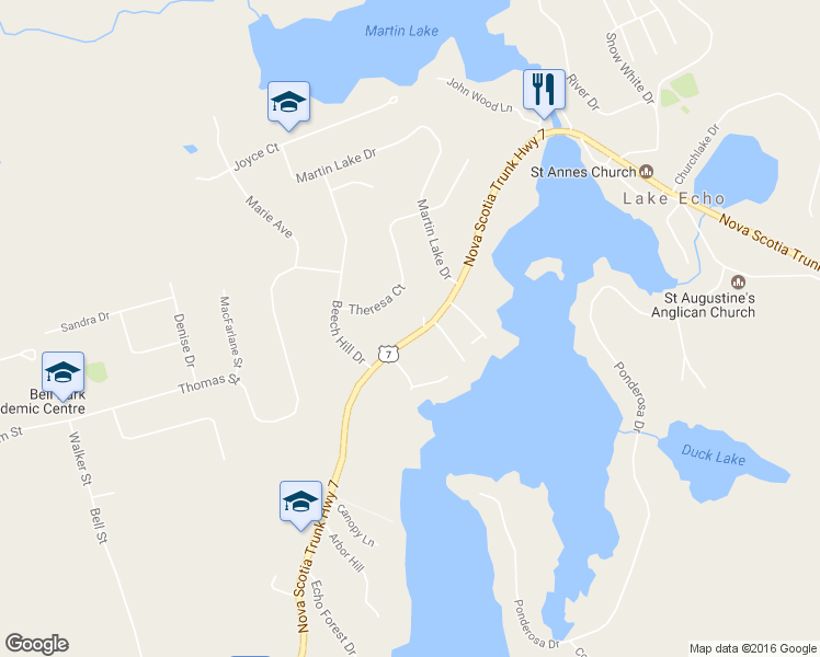 map of restaurants, bars, coffee shops, grocery stores, and more near 3047 Nova Scotia Trunk 7 in Lake Echo