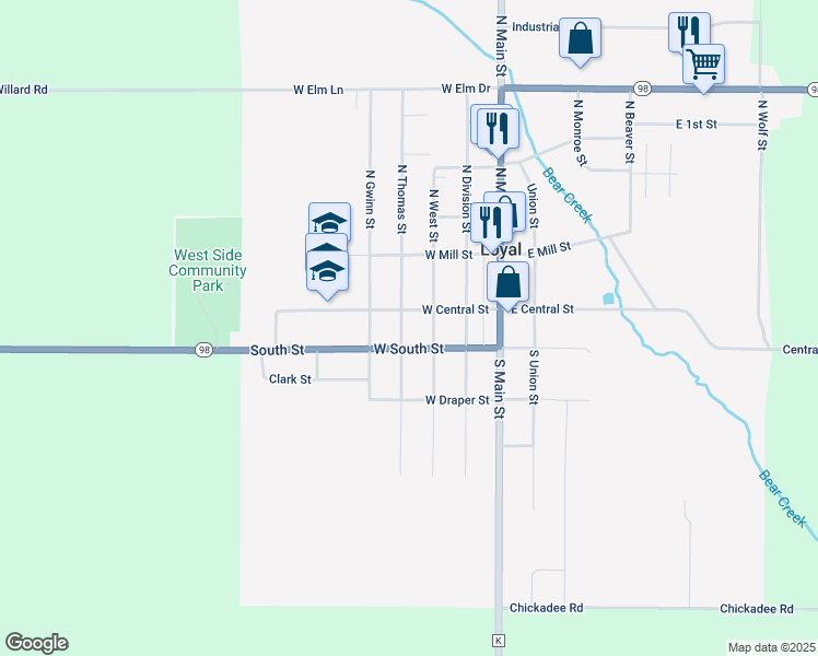 map of restaurants, bars, coffee shops, grocery stores, and more near 106 South Thomas Street in Loyal