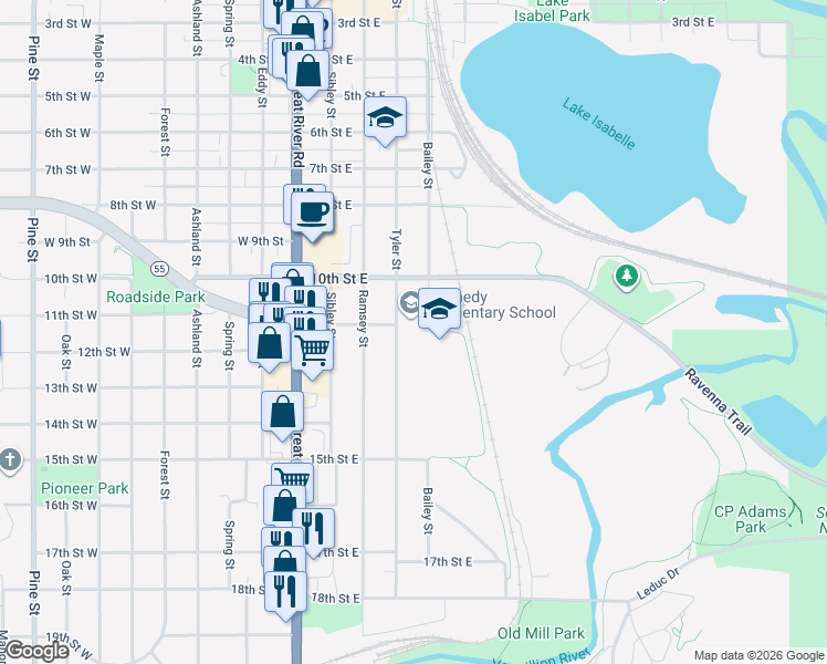 map of restaurants, bars, coffee shops, grocery stores, and more near 1175 Tyler Street in Hastings