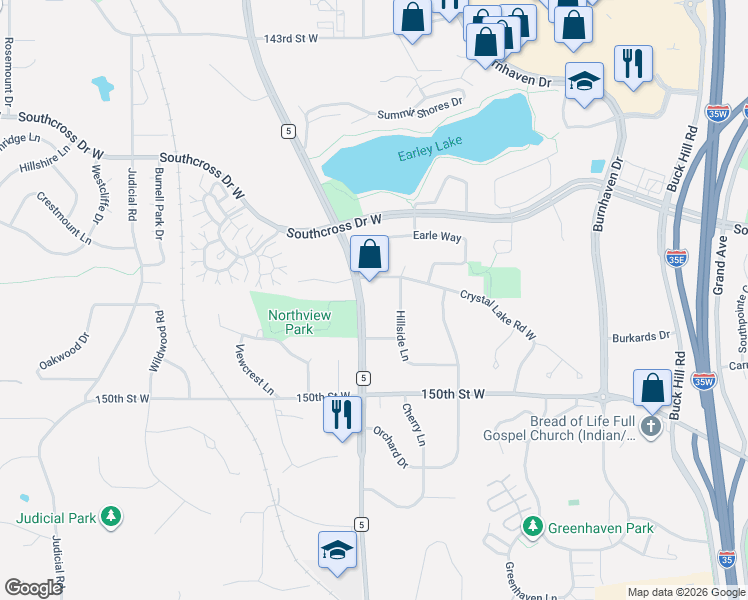 map of restaurants, bars, coffee shops, grocery stores, and more near 14812 Hillside Lane in Burnsville