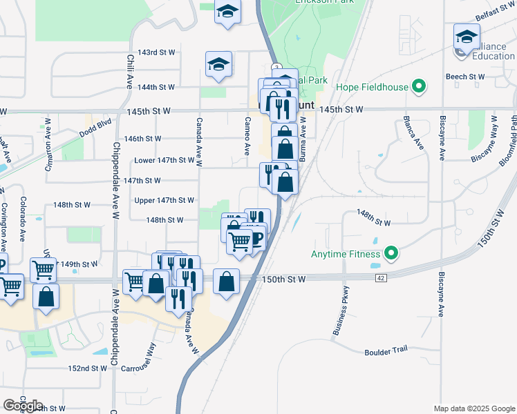 map of restaurants, bars, coffee shops, grocery stores, and more near 14810 Cambrian Avenue West in Rosemount