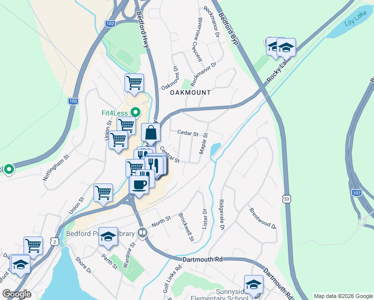 map of restaurants, bars, coffee shops, grocery stores, and more near 13 George Street in Bedford