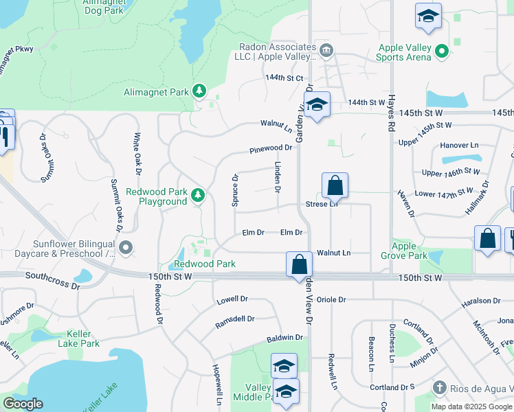 map of restaurants, bars, coffee shops, grocery stores, and more near 256 Strese Lane in Apple Valley