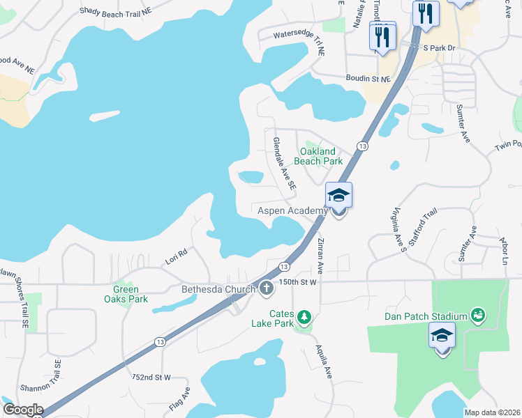 map of restaurants, bars, coffee shops, grocery stores, and more near 6481 Kneafseys Street SE in Prior Lake