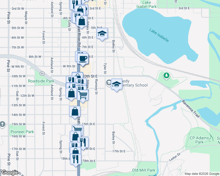 map of restaurants, bars, coffee shops, grocery stores, and more near 1175 Tyler Street in Hastings