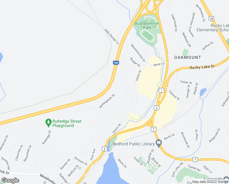 map of restaurants, bars, coffee shops, grocery stores, and more near 92 Nottingham Street in Bedford