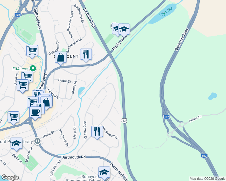 map of restaurants, bars, coffee shops, grocery stores, and more near 190 Ridgevale Drive in Bedford