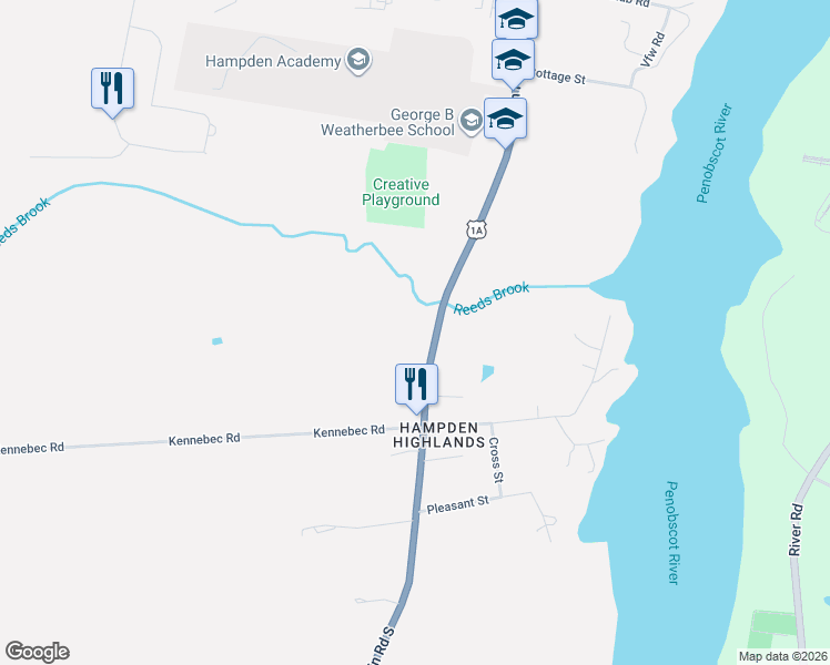 map of restaurants, bars, coffee shops, grocery stores, and more near 82 Main Road South in Hampden