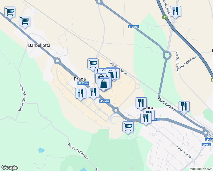 map of restaurants, bars, coffee shops, grocery stores, and more near 1 Via della Moda in Provincia di Alessandria