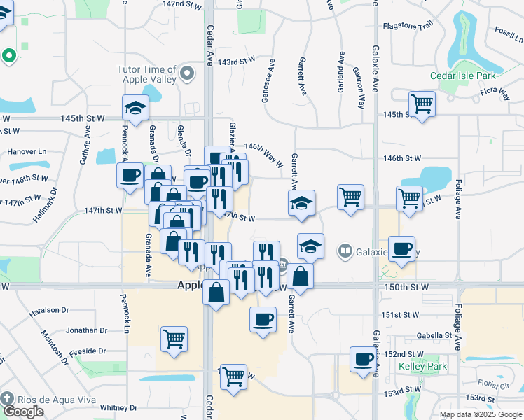 map of restaurants, bars, coffee shops, grocery stores, and more near 7373 147th Street West in Apple Valley