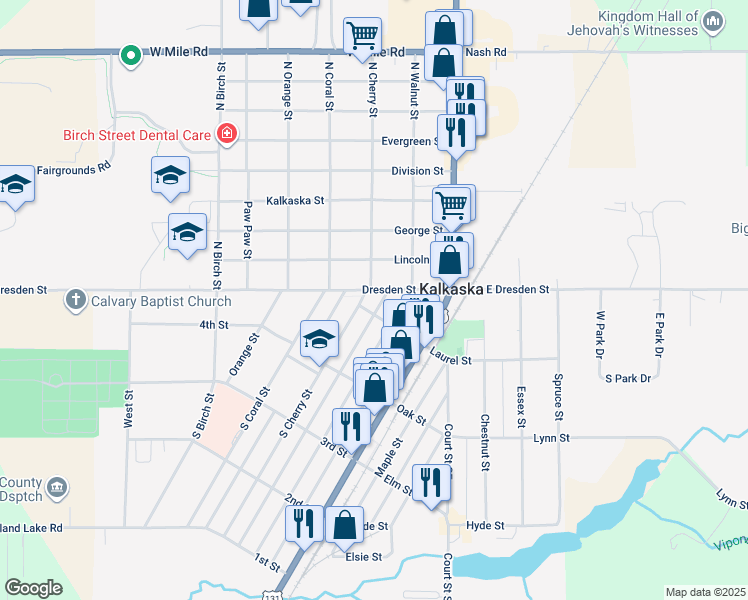 map of restaurants, bars, coffee shops, grocery stores, and more near 220 South Walnut Street in Kalkaska