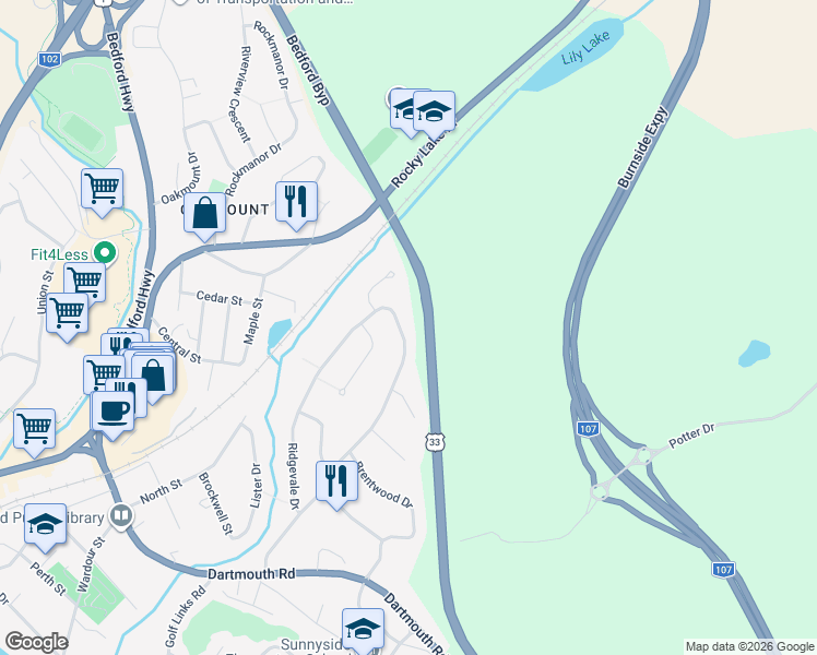 map of restaurants, bars, coffee shops, grocery stores, and more near 190 Ridgevale Drive in Bedford