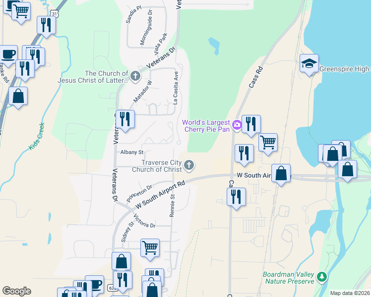 map of restaurants, bars, coffee shops, grocery stores, and more near 3250 Rennie Street in Traverse City