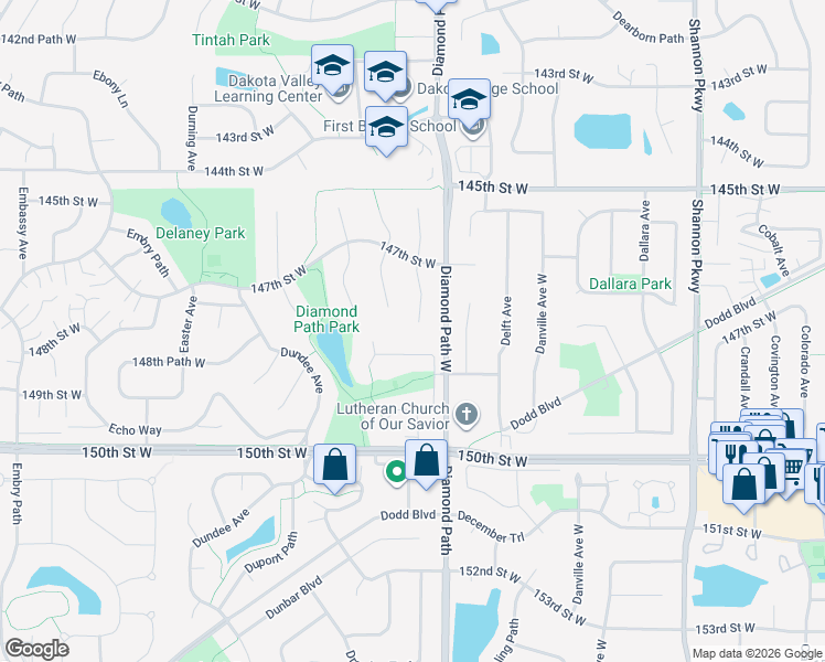 map of restaurants, bars, coffee shops, grocery stores, and more near 4518 148th Court in Apple Valley