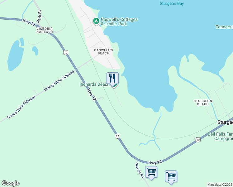 map of restaurants, bars, coffee shops, grocery stores, and more near 121 Maskinonge Road in Simcoe County