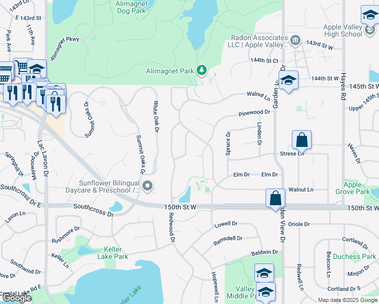 map of restaurants, bars, coffee shops, grocery stores, and more near 158 Juniper Lane in Apple Valley