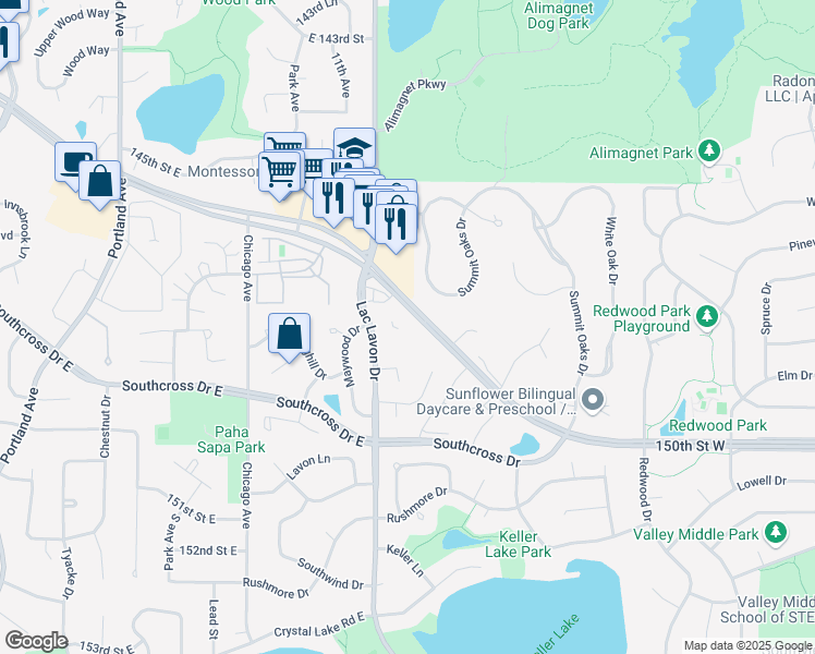 map of restaurants, bars, coffee shops, grocery stores, and more near 1301 County Road 42 East in Burnsville