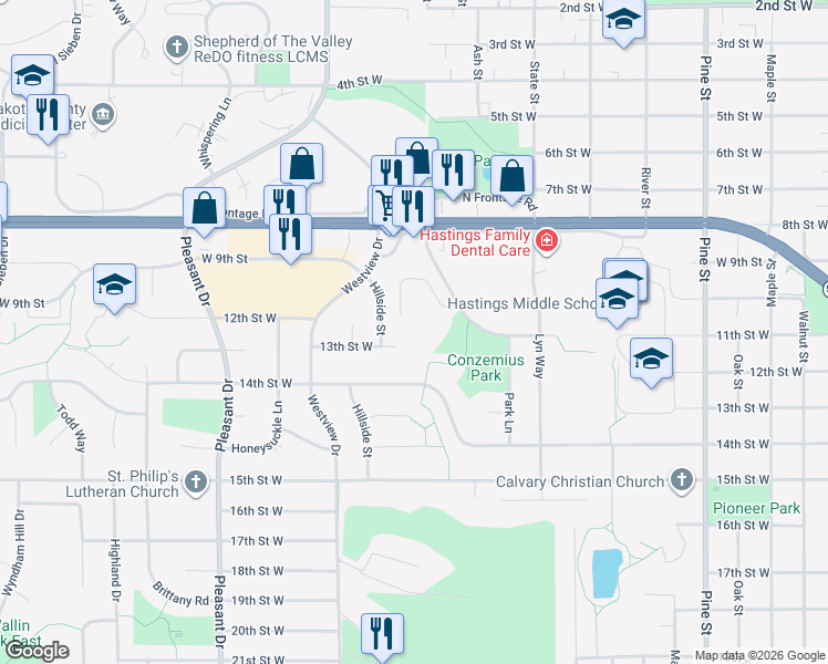 map of restaurants, bars, coffee shops, grocery stores, and more near 1199 Bahls Drive in Hastings