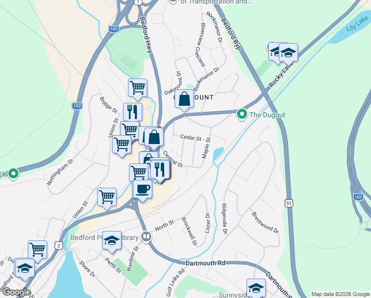 map of restaurants, bars, coffee shops, grocery stores, and more near 8 Gordon Street in Bedford
