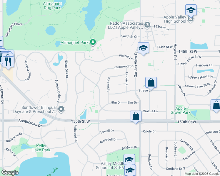 map of restaurants, bars, coffee shops, grocery stores, and more near 172 Spruce Drive in Apple Valley