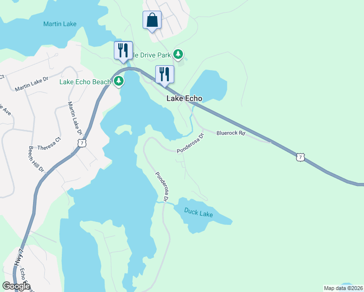 map of restaurants, bars, coffee shops, grocery stores, and more near 39 Ponderosa Drive in Lake Echo