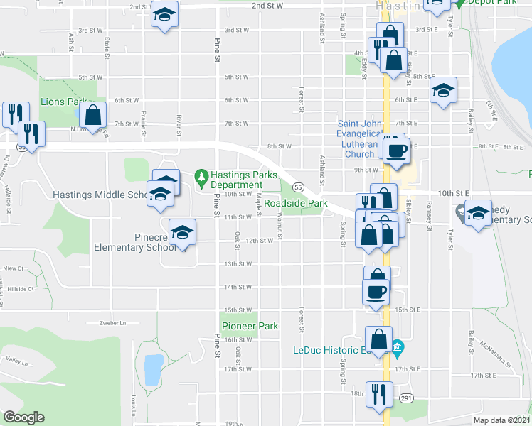 map of restaurants, bars, coffee shops, grocery stores, and more near 620 11th Street West in Hastings