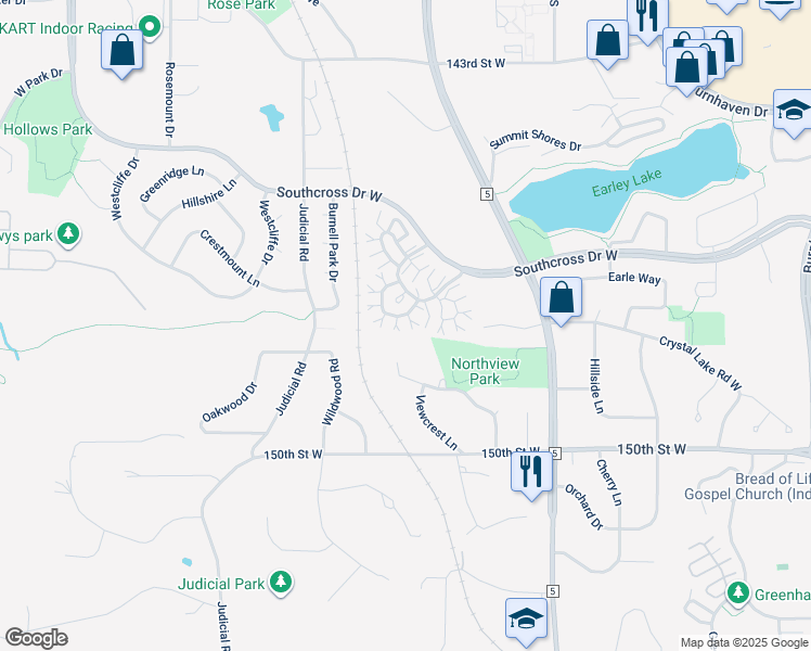 map of restaurants, bars, coffee shops, grocery stores, and more near 1909 Southcross Drive West in Burnsville