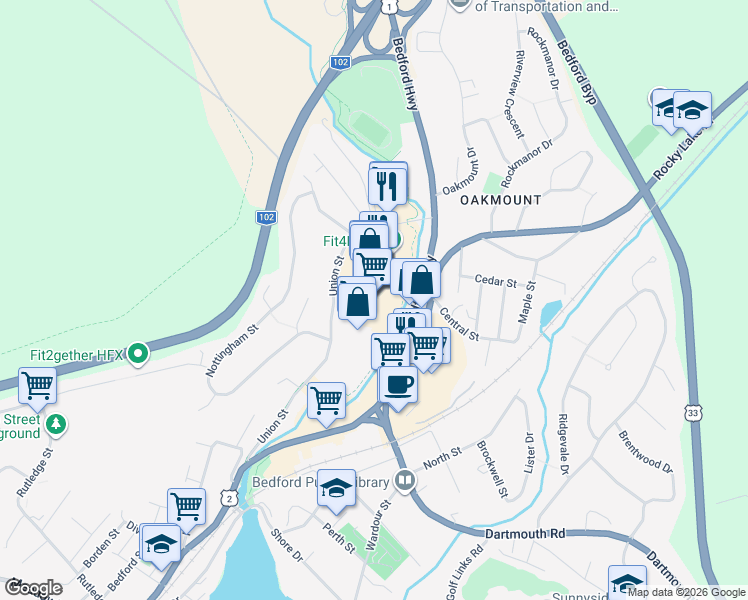 map of restaurants, bars, coffee shops, grocery stores, and more near 1658 Bedford Highway in Bedford