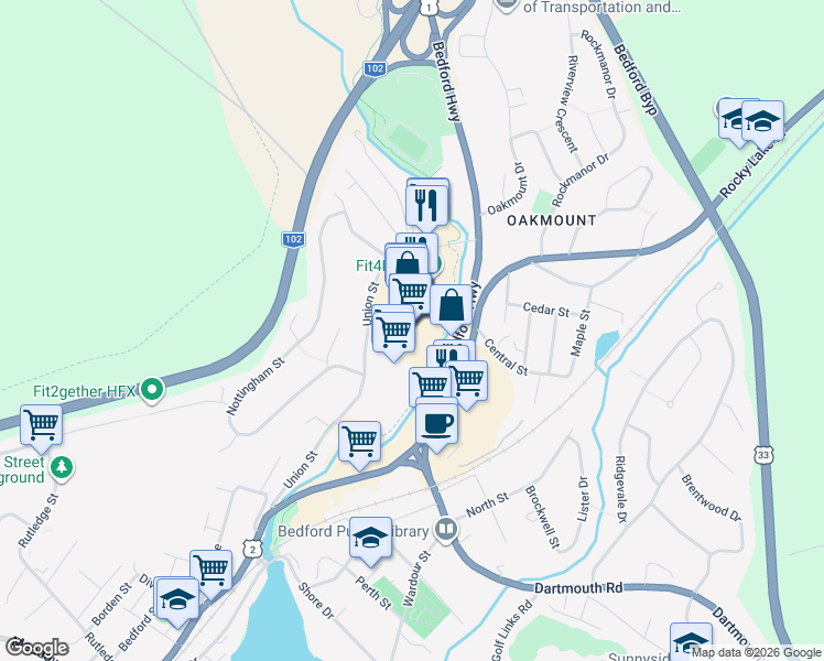 map of restaurants, bars, coffee shops, grocery stores, and more near 1658 Bedford Highway in Bedford