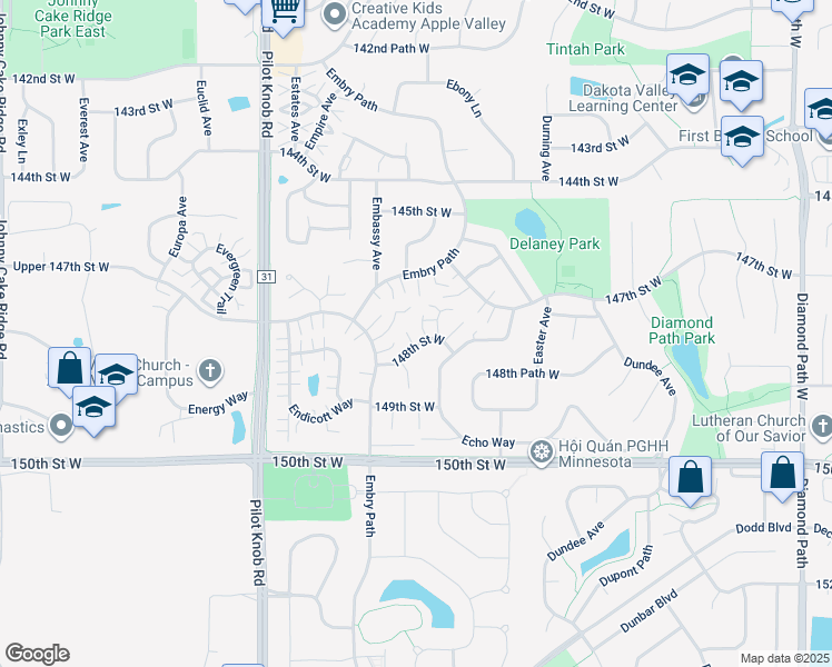 map of restaurants, bars, coffee shops, grocery stores, and more near 14764 Embry Path in Apple Valley