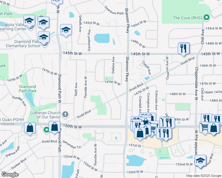 map of restaurants, bars, coffee shops, grocery stores, and more near 4146 147th Street West in Rosemount