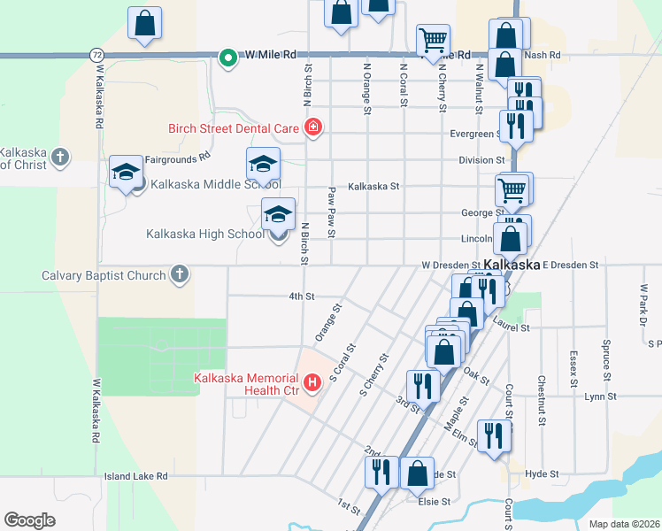 map of restaurants, bars, coffee shops, grocery stores, and more near 100 Paw Paw Street in Kalkaska