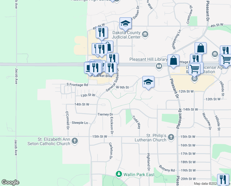 map of restaurants, bars, coffee shops, grocery stores, and more near 1791 South Frontage Road in Hastings