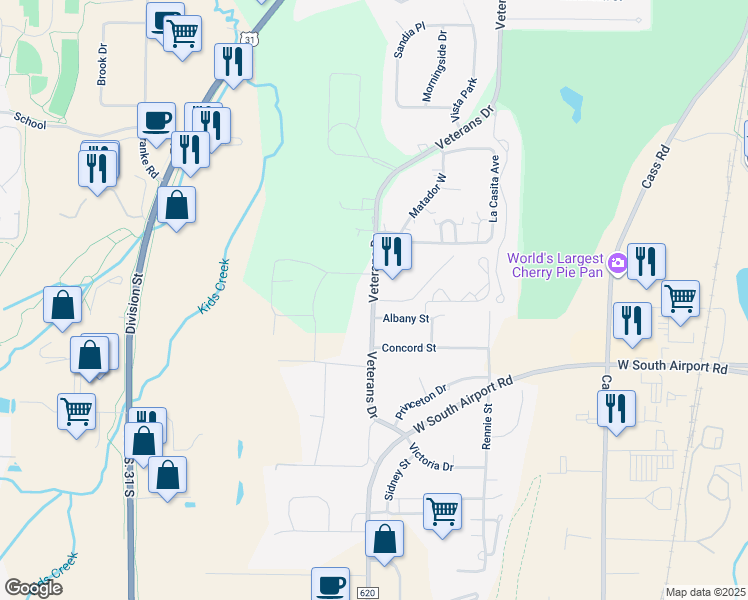 map of restaurants, bars, coffee shops, grocery stores, and more near 2998 Feiger Lane in Traverse City