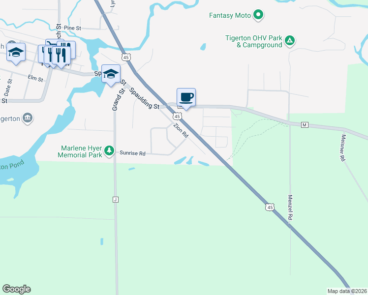 map of restaurants, bars, coffee shops, grocery stores, and more near 640 Sunrise Road in Tigerton