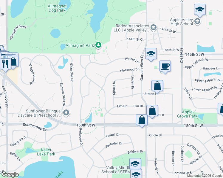 map of restaurants, bars, coffee shops, grocery stores, and more near 172 Spruce Drive in Apple Valley