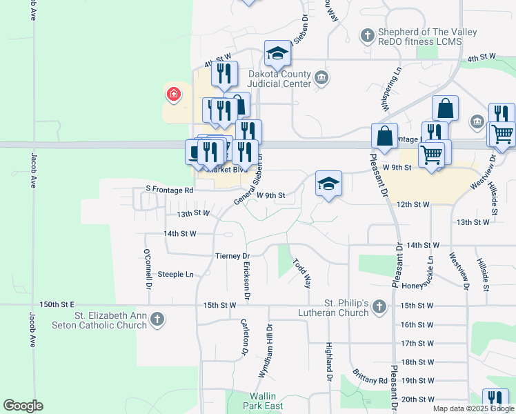 map of restaurants, bars, coffee shops, grocery stores, and more near 1791 South Frontage Road in Hastings