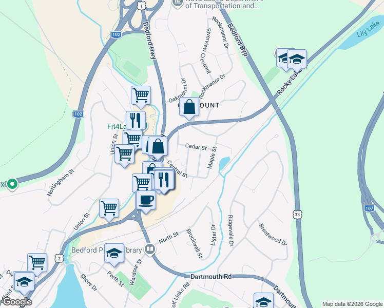 map of restaurants, bars, coffee shops, grocery stores, and more near in Bedford