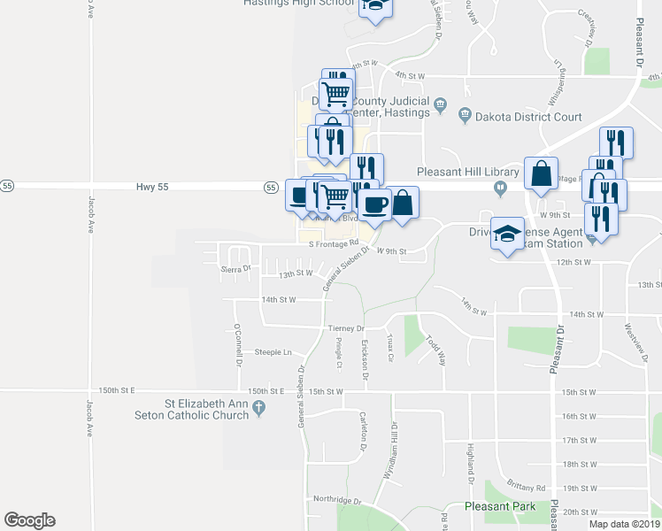 map of restaurants, bars, coffee shops, grocery stores, and more near 1772 13th Street West in Hastings