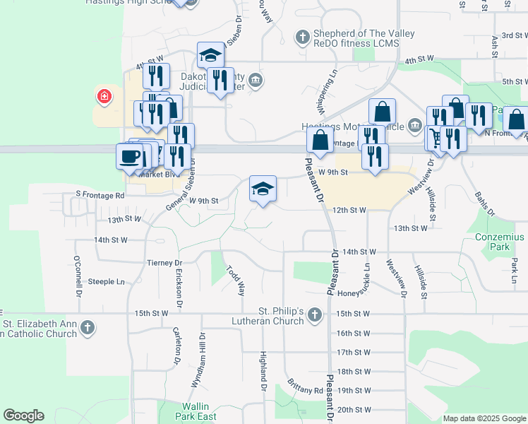 map of restaurants, bars, coffee shops, grocery stores, and more near 1601 12th Street West in Hastings