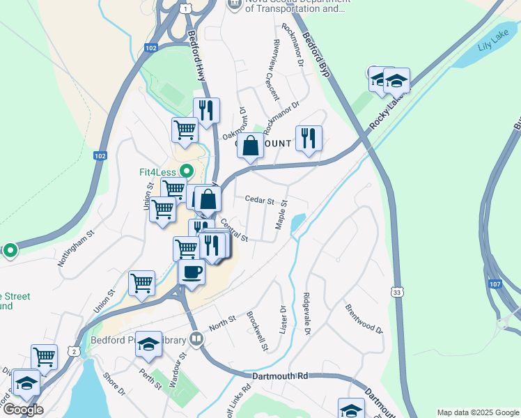 map of restaurants, bars, coffee shops, grocery stores, and more near 3 George Street in Bedford